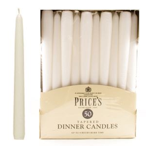 PRICES WHITE TAPERED DINNER CANDLE UNWRAPPED 7HRS 50/PK. TDC005028 327438