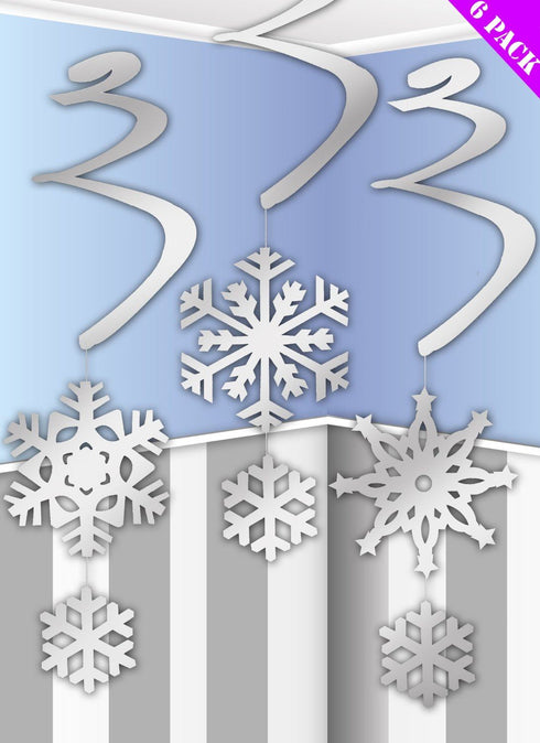 6 HANGING SILVER SWIRLS CHRISTMAS SNOWFLAKE FROZEN PARTY HOME ROOM DECORATIONS. DP53672