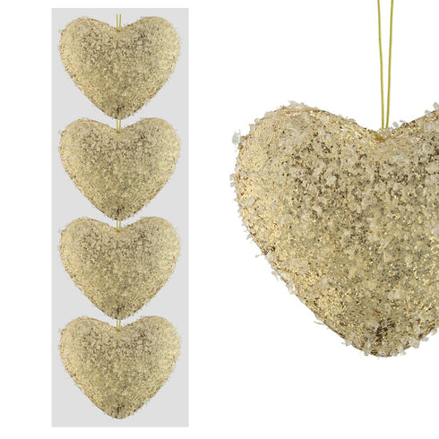 4 FROSTY HEARTS CHRISTMAS BAUBLES 11CM - CHAMPAGNE GOLD. DP55430