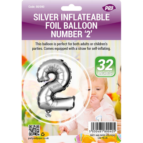 Silver Number 2 Balloon - Giant 82cm PPS80040 for Parties