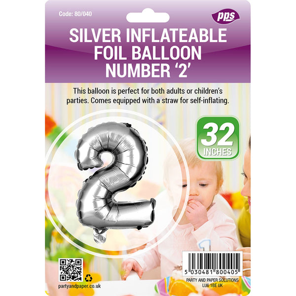 Silver Number 2 Balloon - Giant 82cm PPS80040 for Parties