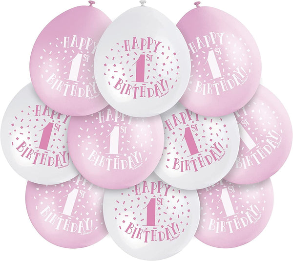 UNIQUE PARTY HAPPY 1ST BIRTHDAY LATEX BALLOONS 9 10/PK - PINK. UNI56031