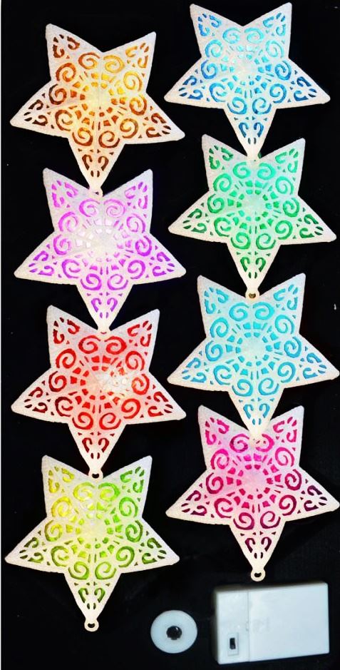 BATTERY OPERATED LED STARS MULTICOLOUR 12CM 8/PK. DP55229