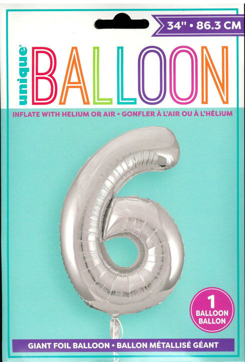 UNIQUE BIRTHDAY SILVER GLITZ NUMBER 6 ROUND FOIL BALLOON 34". UNI53826