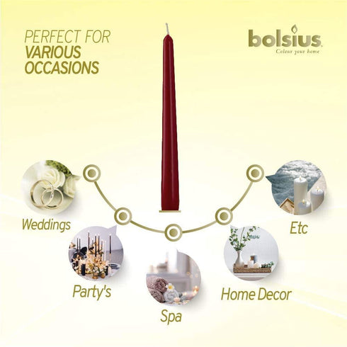 BOLSIUS DARK RED TAPERED DINNER CANDLES 245MM 7.5H 10/PK. 103600352244