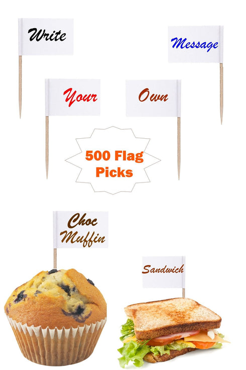 500 WHITE FLAG PICKS 8CM WRITE ON FLAG ON OWN MESSAGE. 16596