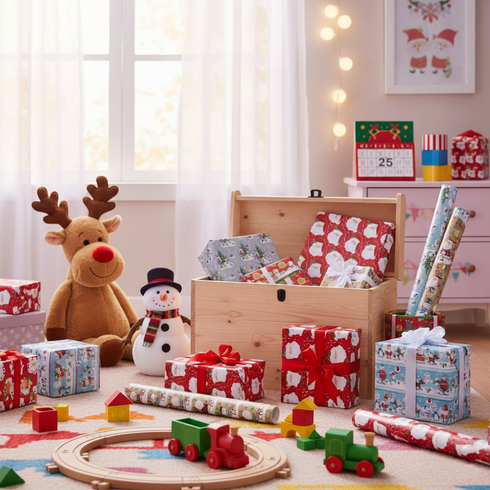 GIFTMAKER CHRISTMAS SANTA & FRIENDS CUTE GIFT WRAP ROLL 69CM X 4M. XAPGW106