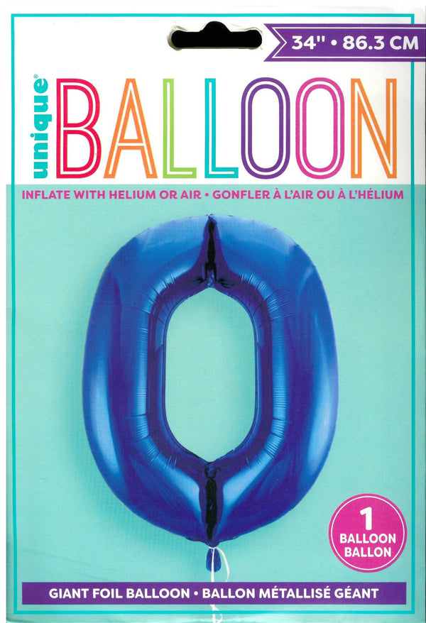 UNIQUE BIRTHDAY BLUE GLITZ NUMBER 0 FOIL BALLOON 34". UNI55740