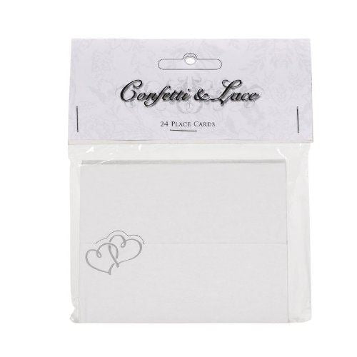 24 WHITE WITH SILVER INTERTWINED HEARTS WEDDING DAY TABLE PLACE NAME CARDS. 511036
