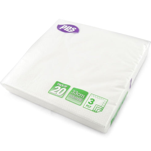 White Paper Napkins - PPS 3 Ply 33cm Pack of 20 | PPS99101