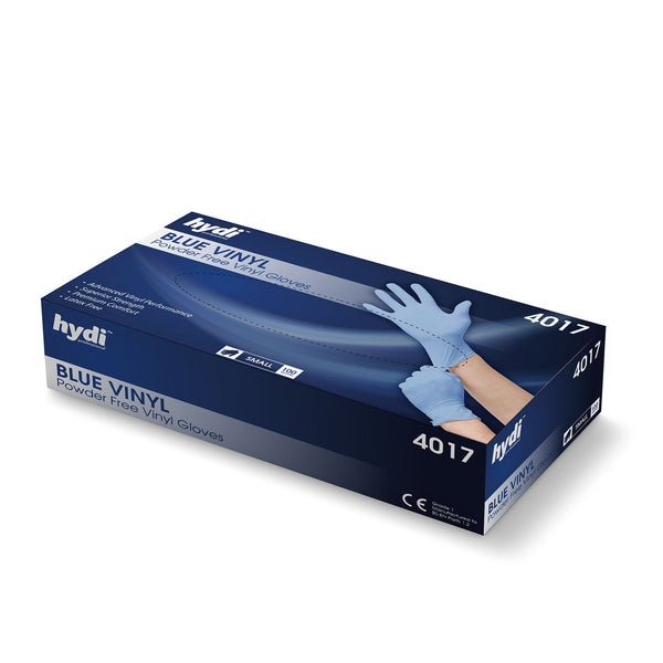 HYDI BLUE VINYL POWDER FREE GLOVES 100/PK - SMALL. HY4017
