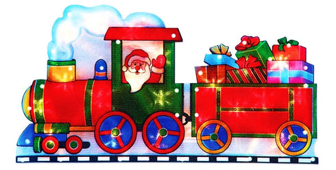 BATTERY OPERATED SANTA TRAIN METALLIC SILHOUETTE SIGN - 20 WHITE LED LIGHTS. BML70460