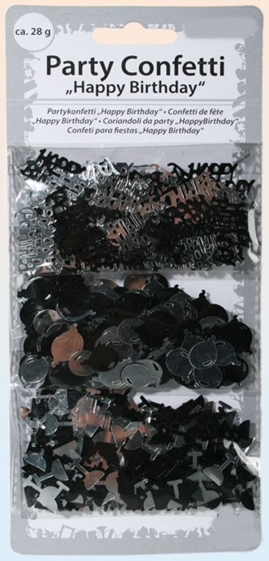 BLACK SILVER METALLIC CONFETTI HAPPY BIRTHDAY. 181046