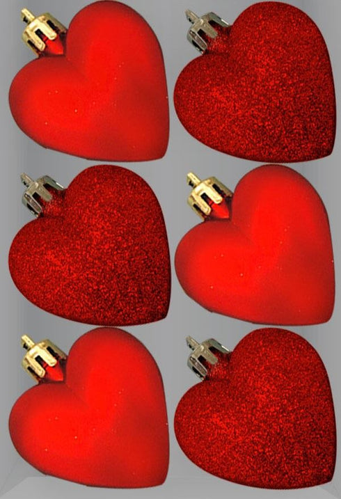 GLITTER / MATT HEART SHAPE CHRISTMAS TREE BAUBLES 50MM 6/PK - RED. DP55161