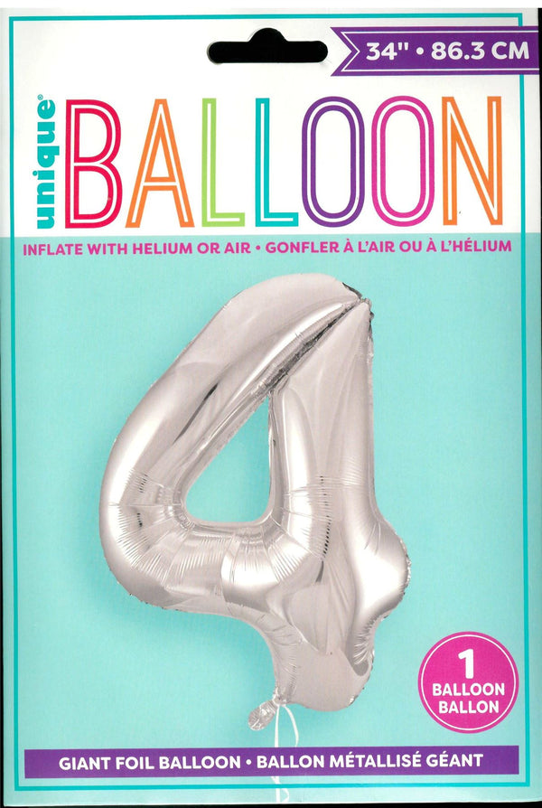Silver Number 4 Balloon - Perfect for 4th Birthday Celebrations
