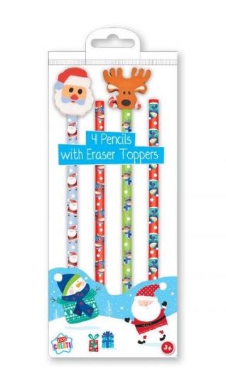 KIDS CREATE CHRISTMAS PARTY PENCILS WITH ERASER TOPPERS 4/PK. XXTCPT