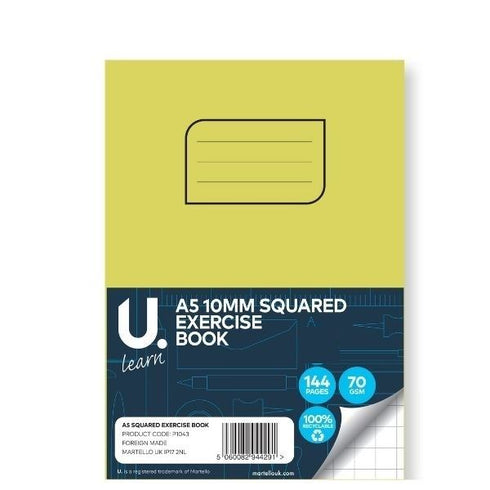 U LEARN A5 10MM SQUARED EXERCISE BOOK 70GSM 72 SHEETS. P1043