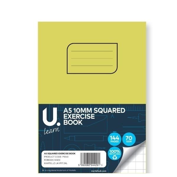 U LEARN A5 10MM SQUARED EXERCISE BOOK 70GSM 72 SHEETS. P1043
