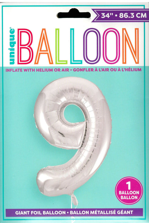 UNIQUE BIRTHDAY SILVER GLITZ NUMBER 9 ROUND FOIL BALLOON 34". UNI53829