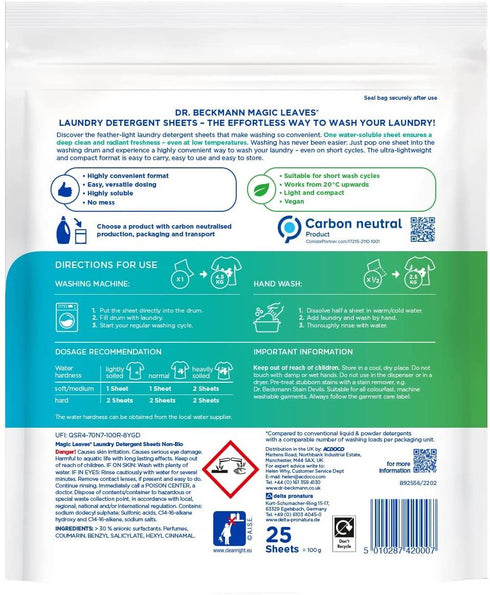 DR BECKMANN MAGIC LEAVES LAUNDRY DETERGENT SHEETS NON-BIO 25 SHEET. 2000