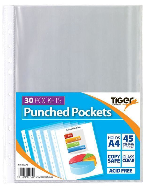 A4 Punch Pockets - TIGER Strong Transparent Poly Pack of 30
