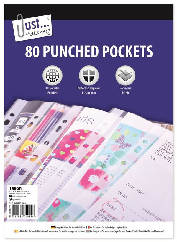 JUST STATIONERY 80 CLEAR PLASTIC PUNCHED POCKET. TA4055