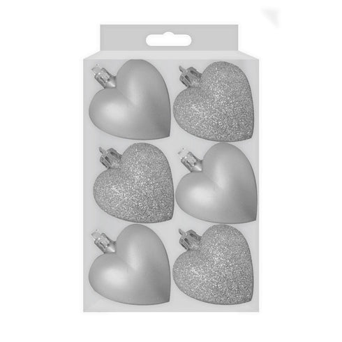 GLITTER / MATT HEART SHAPE CHRISTMAS TREE BAUBLES 50MM 6/PK - SILVER. DP55163