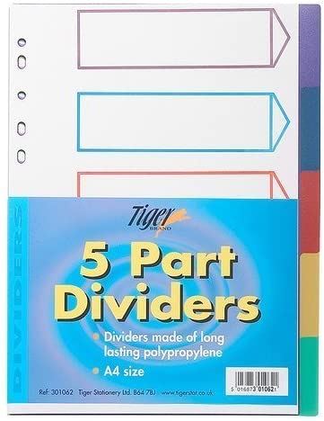 A4 Divider Tabs - Multicoloured Polypropylene 5 Part | TIGER T301062