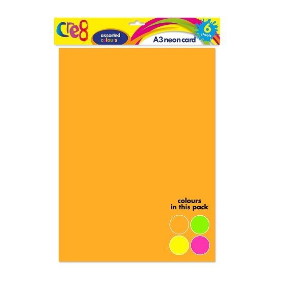 CRE8 A3 NEON COLOURED CARD 6 SHEETS. P2002