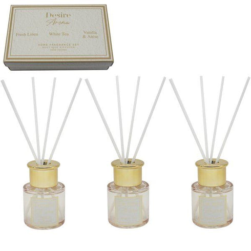 SET OF 3 DESIRE AROMA FRSH LINEN & WHITE TEA & VANILLA DIFFUSER. LP76766