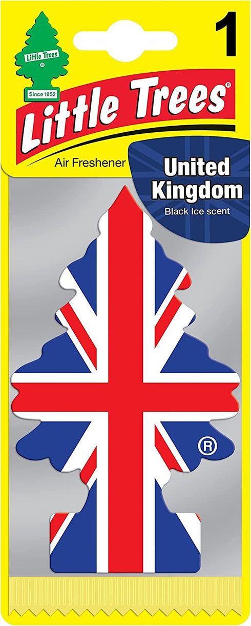 LITTLE TREES CAR AIR FRESHENER - UNITED KINGDOM UNION JACK FLAG BLACK ICE. MTR0087