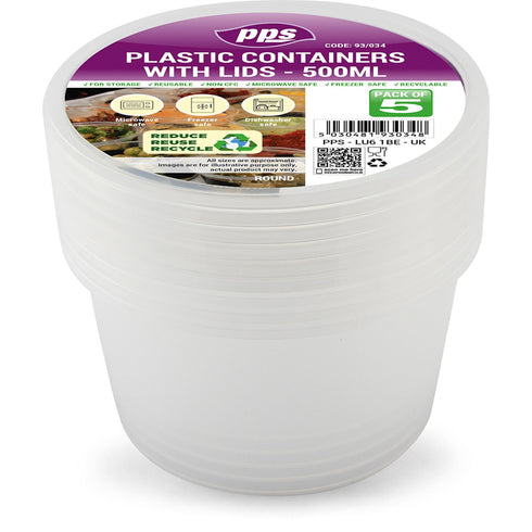 PPS CLEAR PLASTIC ROUND FOOD CONTAINERS WITH LID 550ML 5/PK. PPS93034