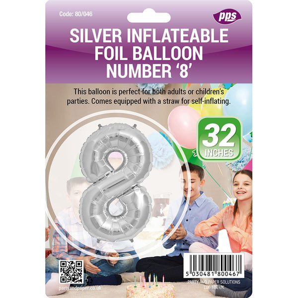 Silver Number 8 Balloon - Giant 82cm Standing Foil Decoration