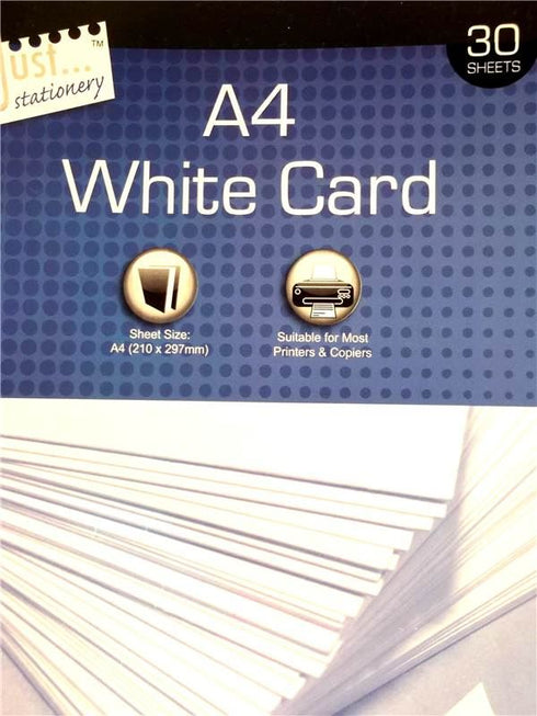 JUST STATIONERY A4 WHITE CARDS 150GSM 30/SHEETS. T5095