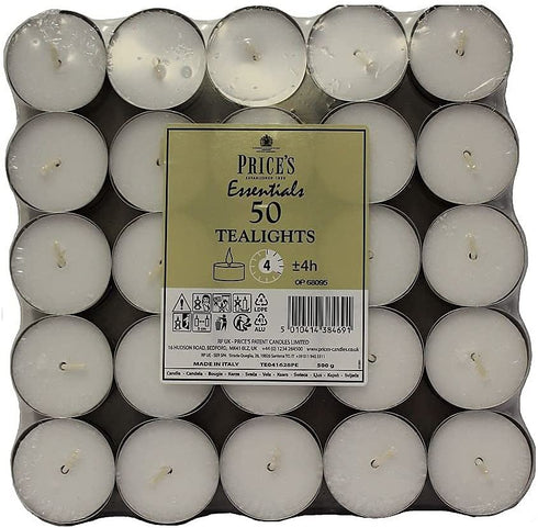 PRICES TEALIGHT CANDLES BAG OF 50 4 HOUR BURN TIME FLAT PACK. TE041628PE