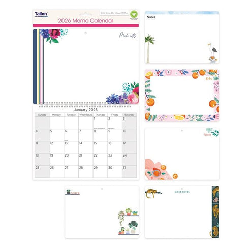 TALLON ASSORTED DESIGN MEMO CALENDAR ILLUSTRATED WITH PEN 2026 12/PK