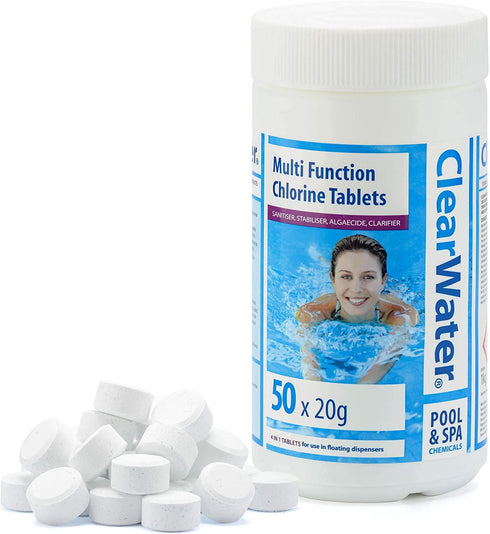 CLEARWATER MULTIFUNCTION TABLETS 1KG - 50 X 20G TABLETS CHLORINE TABLETS. CH0019