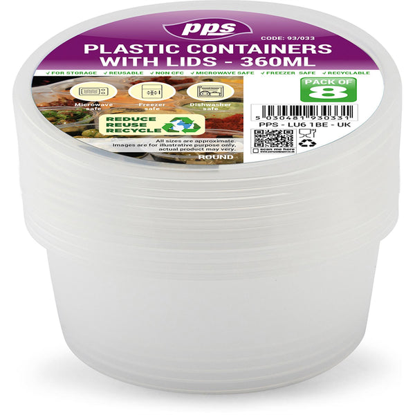 PPS CLEAR PLASTIC ROUND FOOD CONTAINERS WITH LID 360ML 8/PK. PPS93033