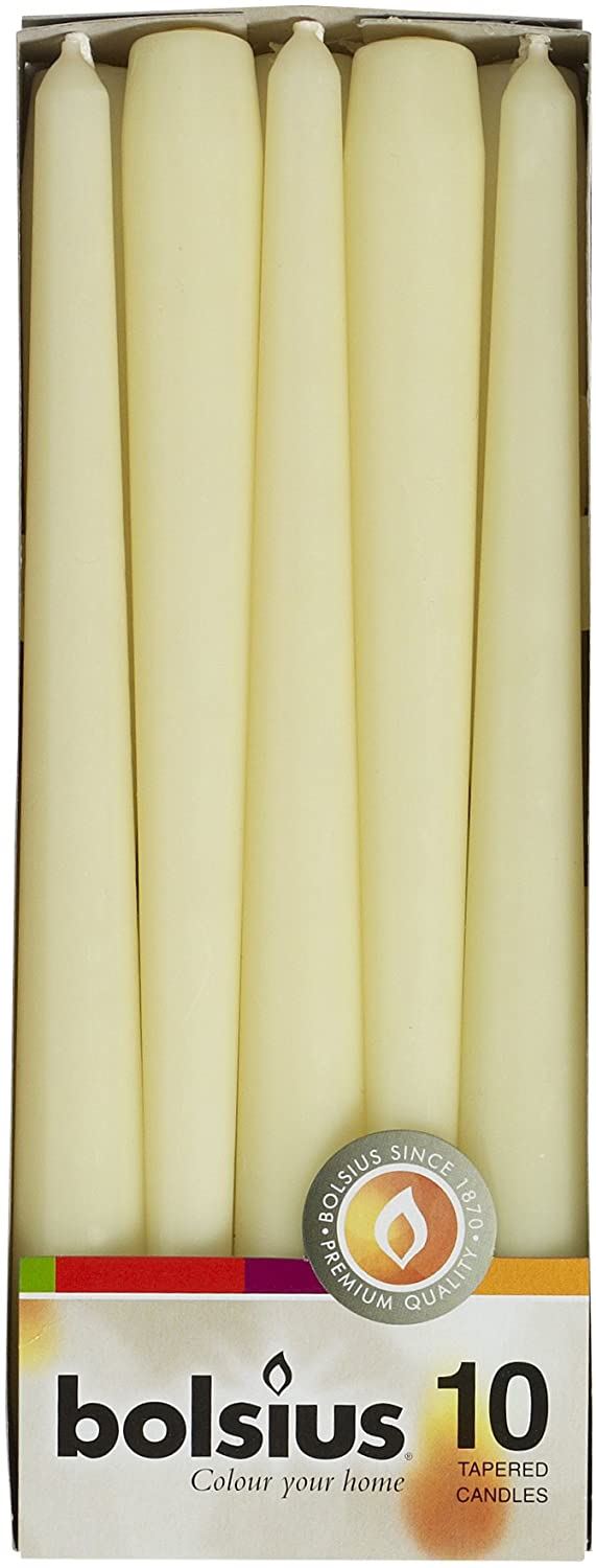 BOLSIUS IVORY TAPERED DINNER CANDLES 245MM 7.5H 10/PK. CN5215
