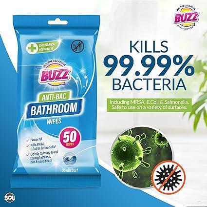 BUZZ ANTI BAC BATHROOM WIPES OCEAN SURF 50/PK. OL321594