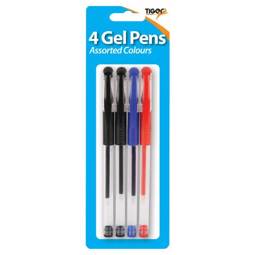TIGER ASSORTED COLOUR GEL PEN WITH GRIP 4/PK. T302252