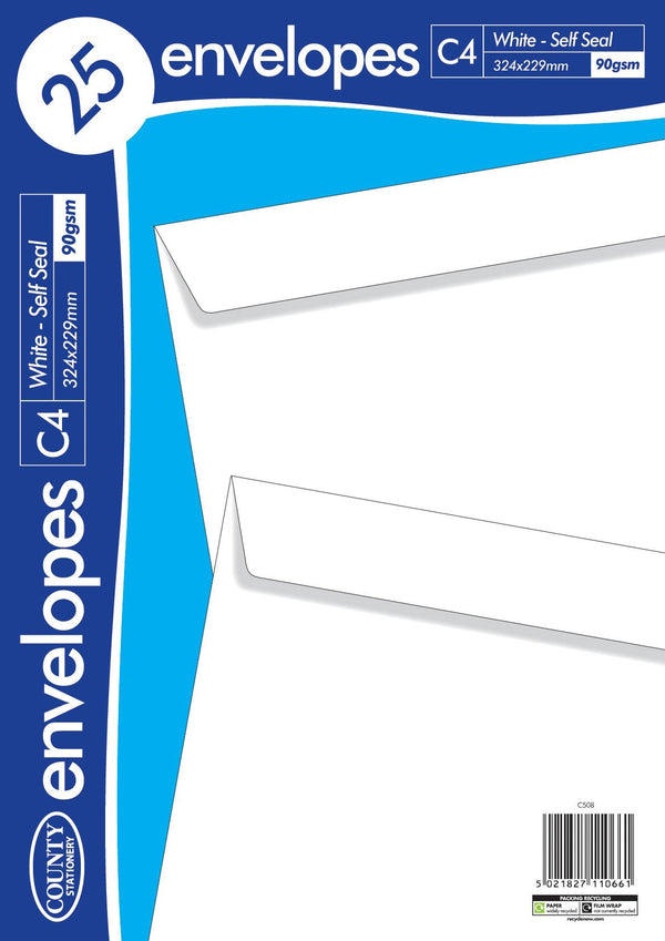 COUNTY C4 WHITE SELF SEAL ENVELOPES 90GSM 25/PK. C508