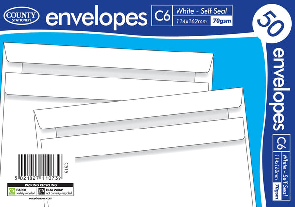 White Self Seal Envelopes - COUNTY C6, 50 Pack C515