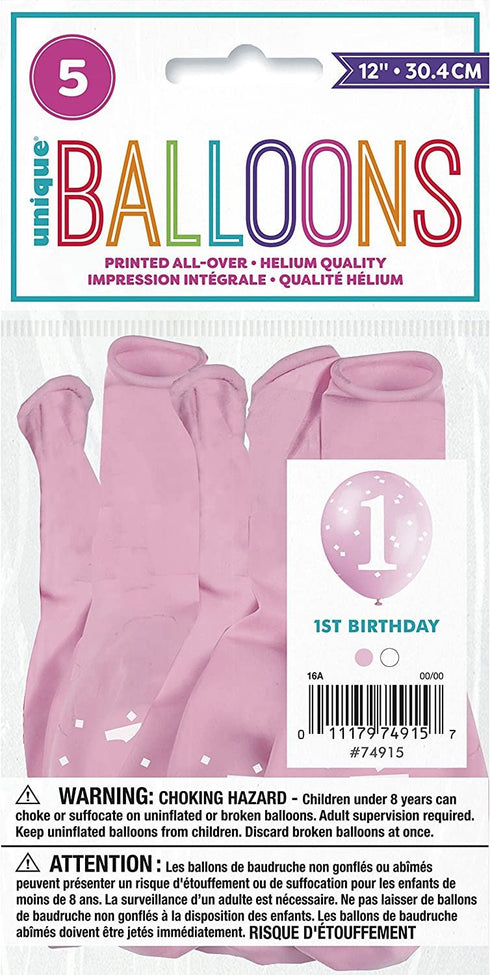 1st Birthday Balloons - Pink Gingham Latex 5 Pack | UNI74915