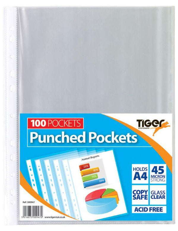 TIGER A4 STRONG TRANSPERENT POLY PUNCH POCKETS PACK OF 100. T300947