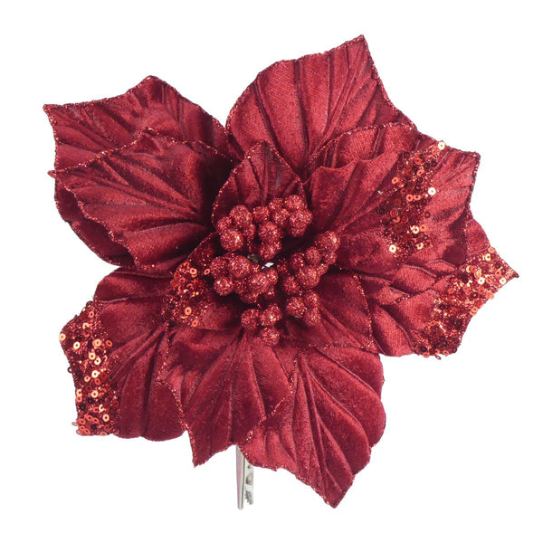 CHRISTMAS VELVET POINSETTIA ON CLIP 22CM. DP57800
