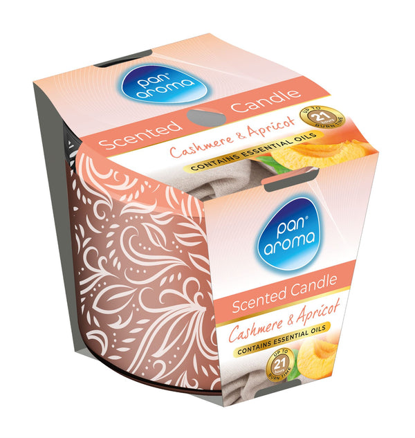 PAN AROMA SCENTED PRINTED GLASS CANDLE - CASHMERE & APRICOT. PAN0679