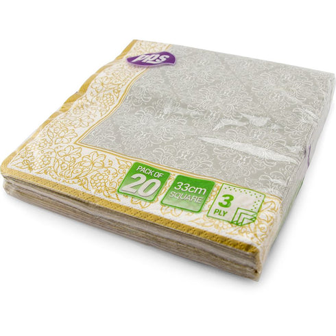 Elegant Party Napkins - Silver with Gold Border 20 Pack | PPS99369