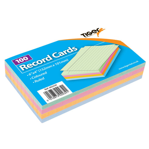 TIGER COLOUR RULED RECORD CARDS 6 INCH X 4 INCH 100/SHEETS. T302234