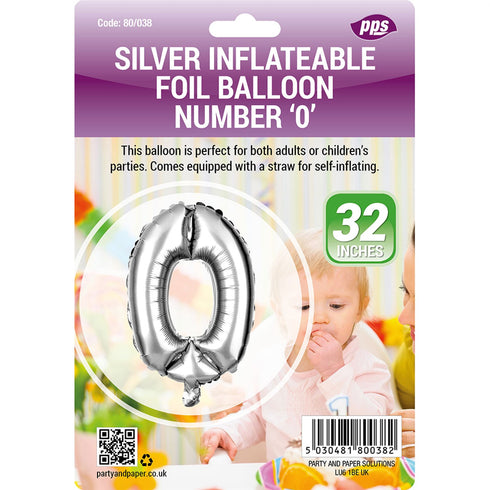 PPS GIANT STANDING FOIL NUMBER 0 BALLOON 82 CM - SILVER. PPS80038